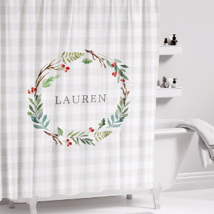 Christmas Winter Berries Wreath Monogram Shower Curtain