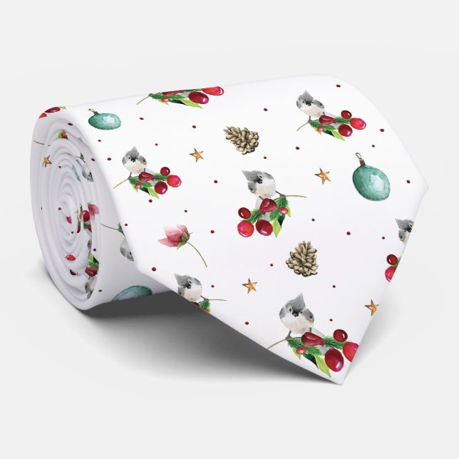 Christmas Winter Bird Tufted Titmouse Pattern Tie (Rolled)