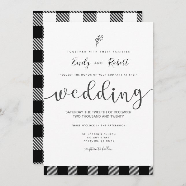 Christmas Winter Black White Buffalo Plaid Wedding Invitation (Front/Back)