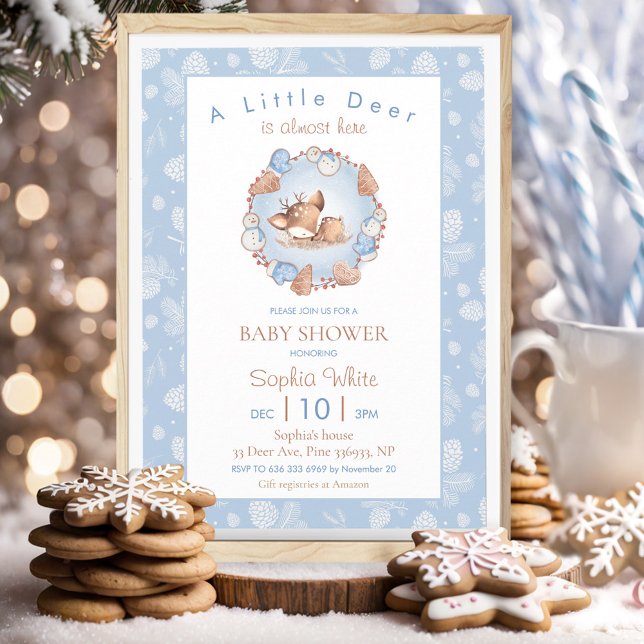 Christmas Winter Blue Deer Pine Cone Baby Shower Invitation (Christmas Winter Blue Deer Pine Cone Baby Shower Invitation)