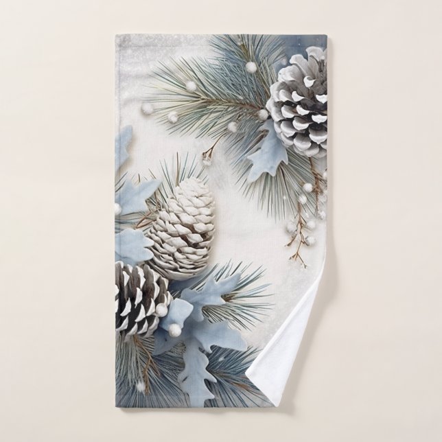 Christmas, Winter, Blue, Pine Cones Snowflakes Bath Towel Set (Hand Towel)