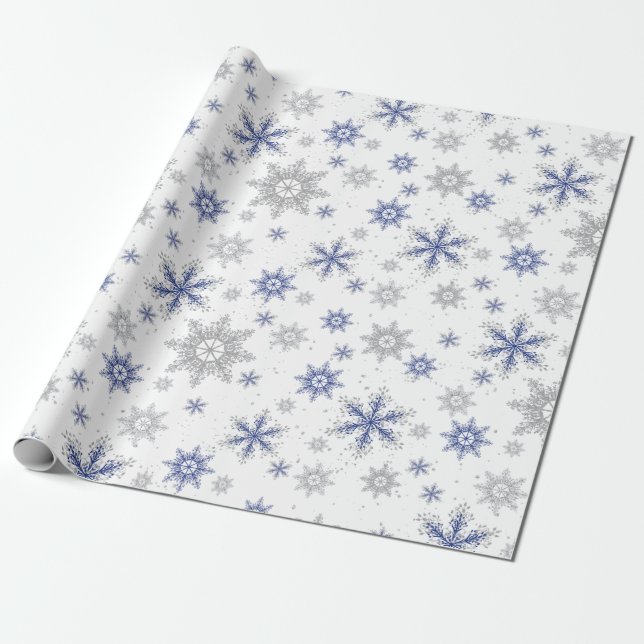 Christmas Winter Blue Silver Snowflakes Glitter Wrapping Paper (Unrolled)
