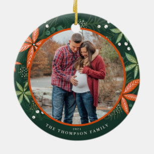 Christmas Winter Botanicals Green Holiday Photo Ceramic Ornament