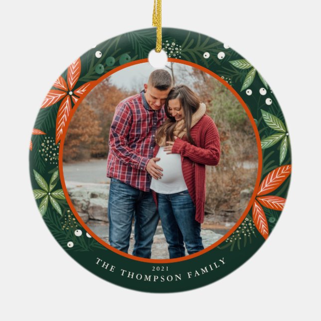 Christmas Winter Botanicals Green Holiday Photo Ceramic Ornament (Back)