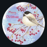 Christmas, Winter Chickadee Bird Classic Round Sticker<br><div class="desc">Great Christmas item for those who love Chickadees,  birds or nature.</div>
