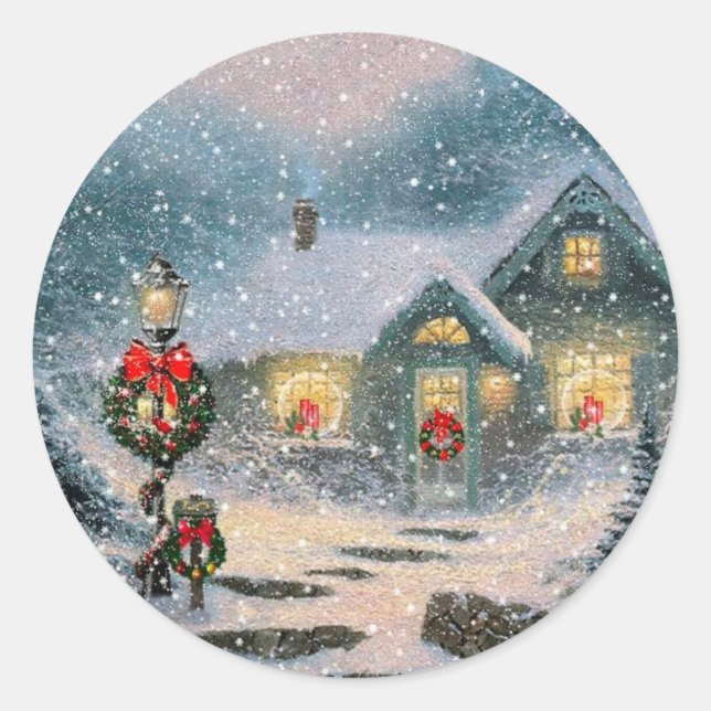 Christmas Winter Cottage Classic Round Sticker (Front)