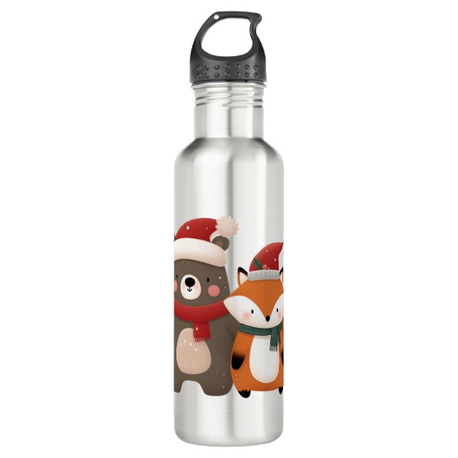Christmas/Winter Cute Bear & Fox 710 Ml Water Bottle (Front)