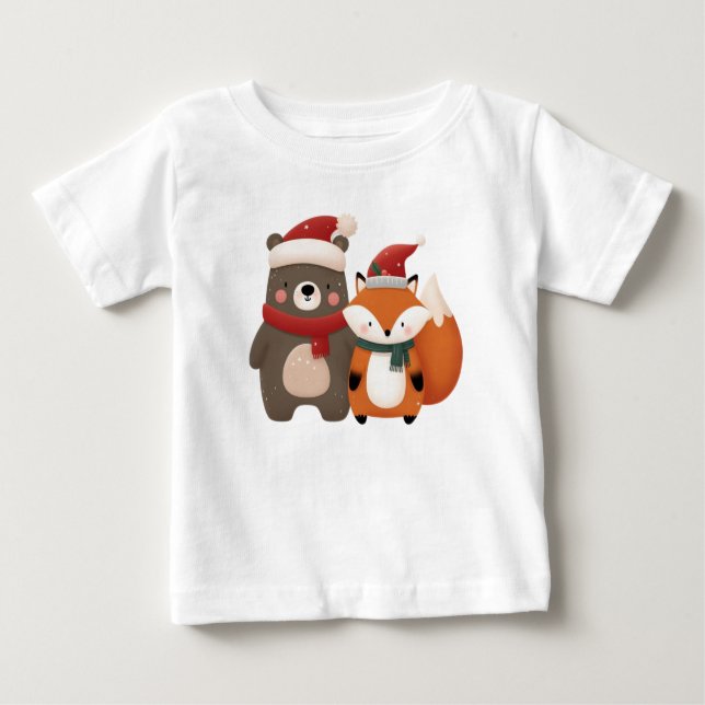 Christmas/Winter Cute Bear & Fox Baby T-Shirt (Front)