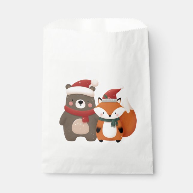 Christmas/Winter Cute Bear & Fox Favour Bag (Front)