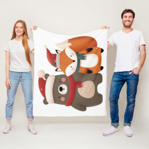 Christmas/Winter Cute Bear & Fox Fleece Blanket