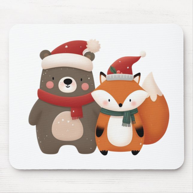 Christmas/Winter Cute Bear & Fox Mouse Pad (Front)