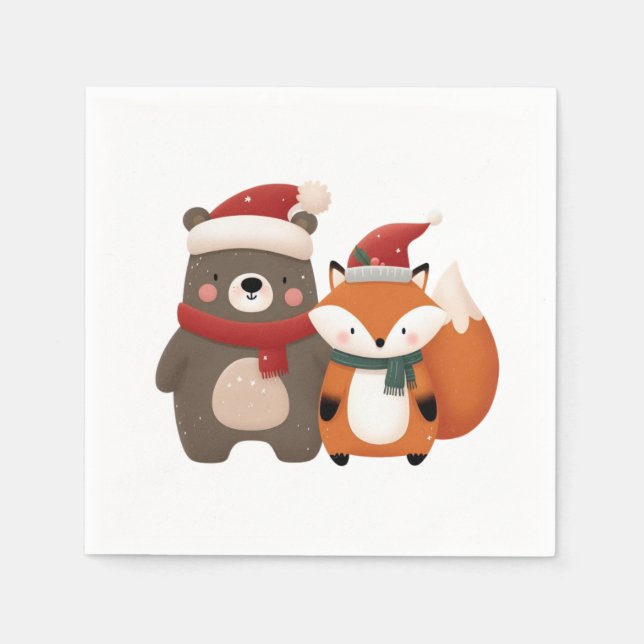 Christmas/Winter Cute Bear & Fox Napkin (Front)