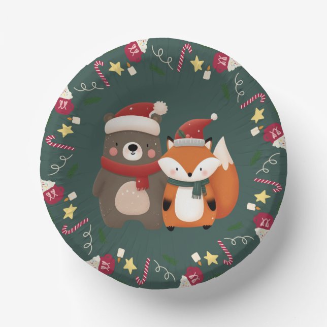 Christmas/Winter Cute Bear & Fox Paper Plate (Front)
