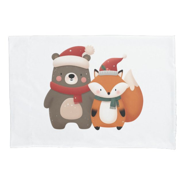Christmas/Winter Cute Bear & Fox Pillowcase (Front)