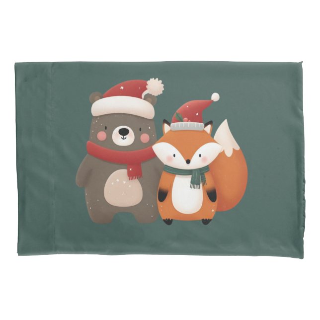 Christmas/Winter Cute Bear & Fox Pillowcase (Front)