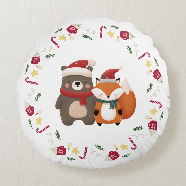 Christmas/Winter Cute Bear & Fox Round Cushion (Front)