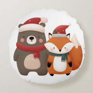 Christmas/Winter Cute Bear & Fox Round Cushion