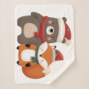 Christmas/Winter Cute Bear & Fox Sherpa Blanket