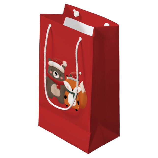 Christmas/Winter Cute Bear & Fox Small Gift Bag (Front Angled)