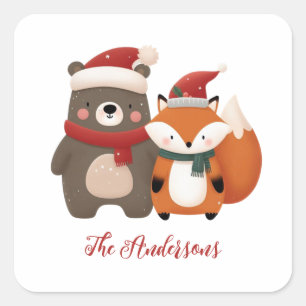 Christmas/Winter Cute Bear & Fox Square Sticker