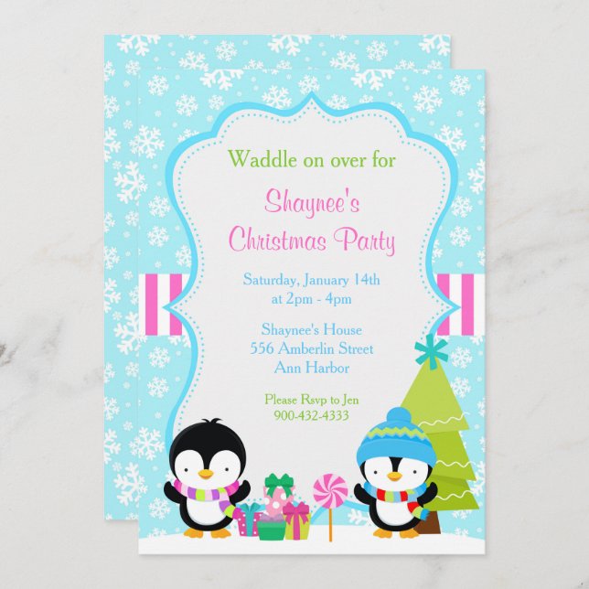 Christmas Winter Cute Penguins Invitation (Front/Back)