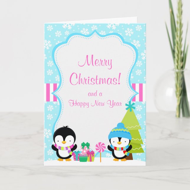Christmas Winter Cute Penguins Merry Christmas Card (Front)