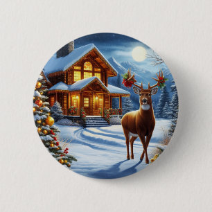 Christmas/Winter Deer Lodge 6 Cm Round Badge