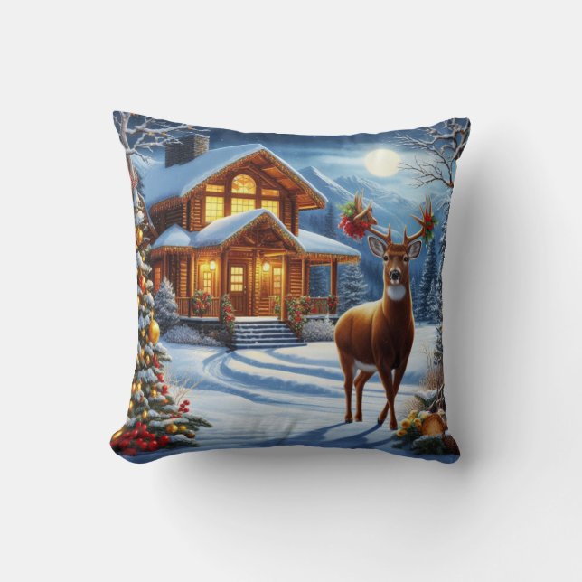 Christmas/Winter Deer Lodge Cushion (Front)