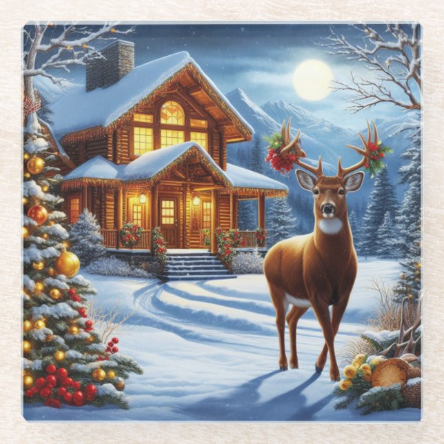 Christmas/Winter Deer Lodge Glass Coaster (Front)