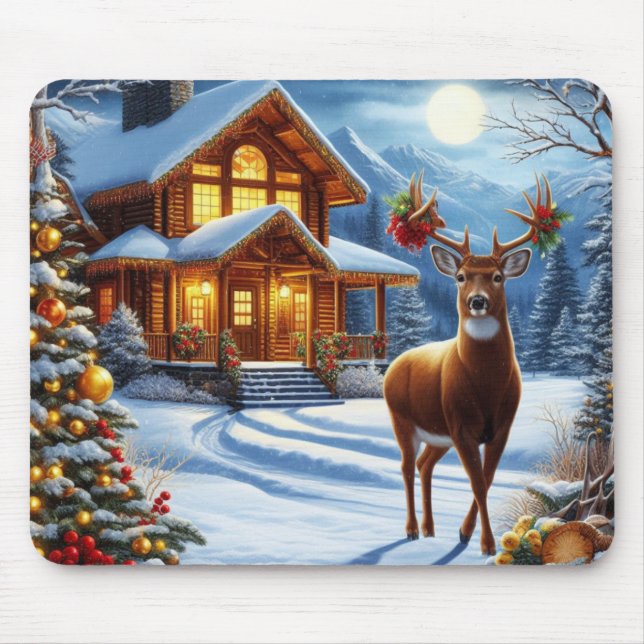 Christmas/Winter Deer Lodge Mouse Pad (Front)