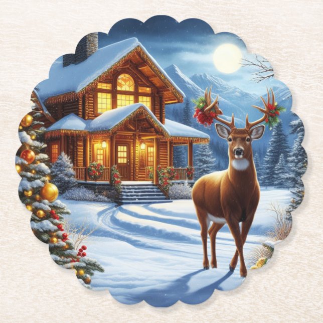 Christmas/Winter Deer Lodge Paper Coaster (Front)