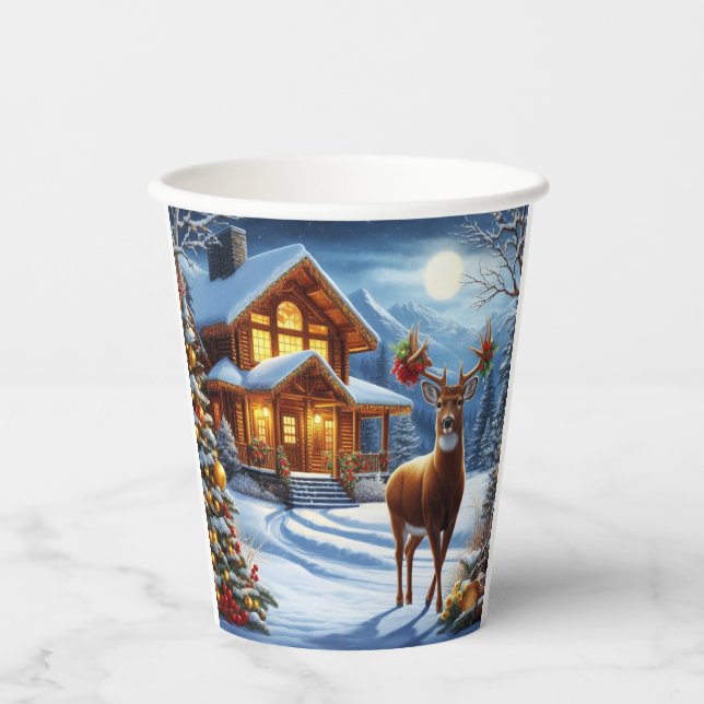Christmas/Winter Deer Lodge Paper Cups (Front)
