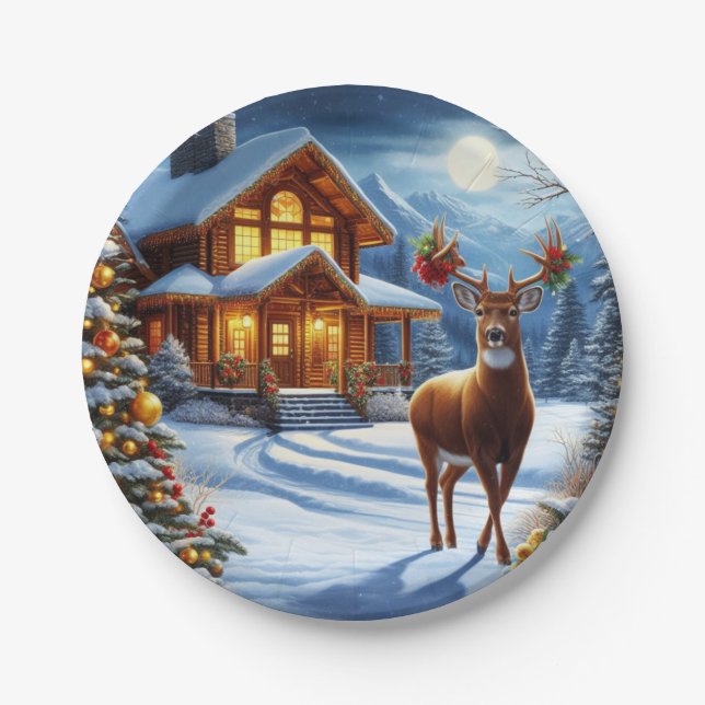 Christmas/Winter Deer Lodge Paper Plate (Front)