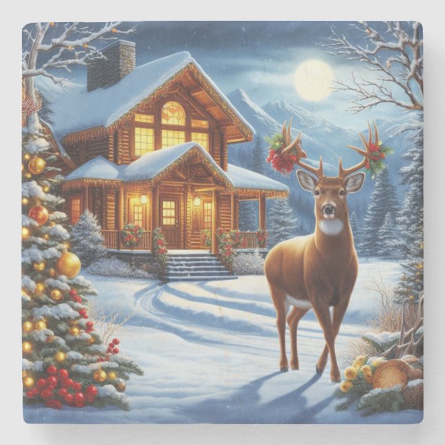 Christmas/Winter Deer Lodge Stone Coaster (Front)