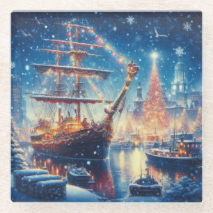 Christmas/Winter docked ship Glass Coaster