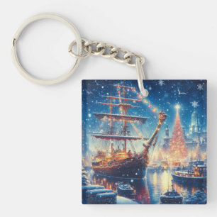 Christmas/Winter docked ship Key Ring