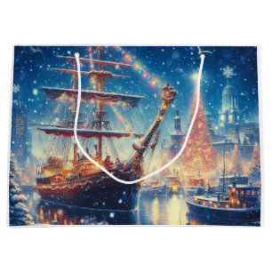 Christmas/Winter docked ship Large Gift Bag