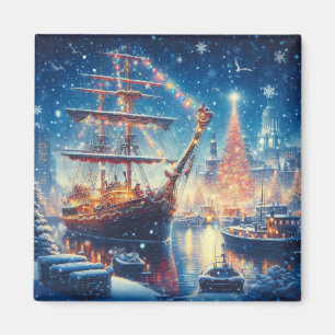 Christmas/Winter docked ship Magnet