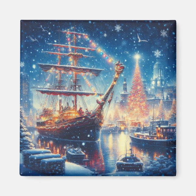 Christmas/Winter docked ship Magnet (Front)