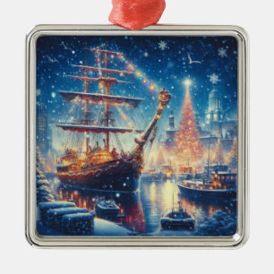 Christmas/Winter docked ship Metal Ornament
