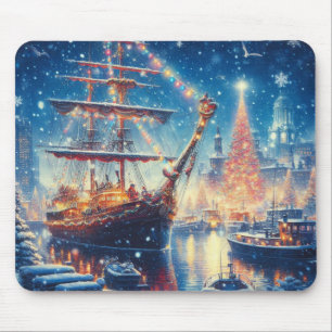 Christmas/Winter docked ship Mouse Pad