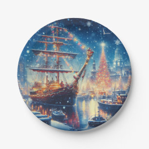 Christmas/Winter docked ship Paper Plate