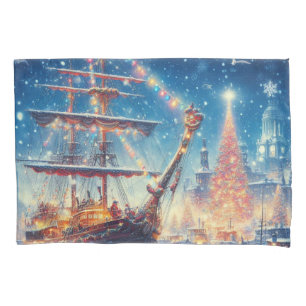 Christmas/Winter docked ship Pillowcase