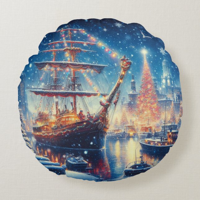 Christmas/Winter docked ship Round Cushion (Front)