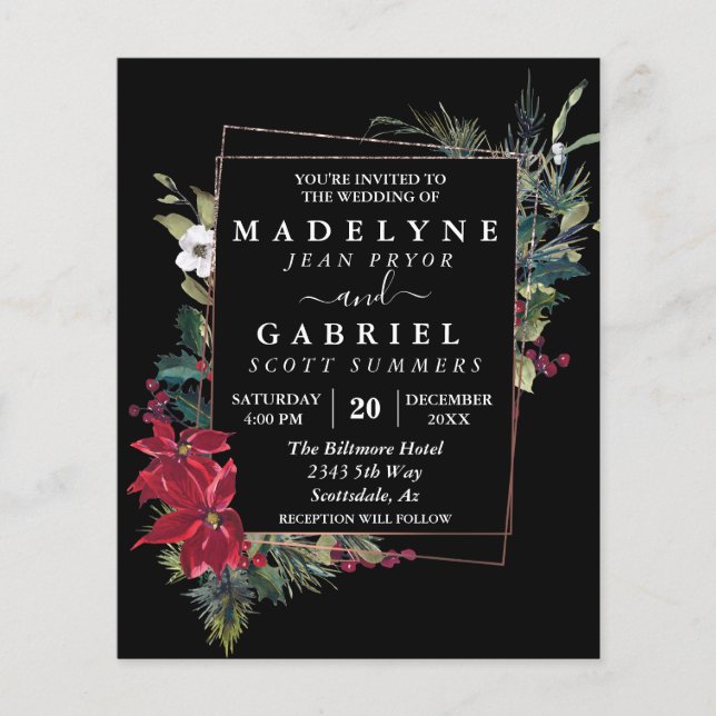 Christmas Winter Elegant Poinsettia Black Wedding  Flyer (Front)