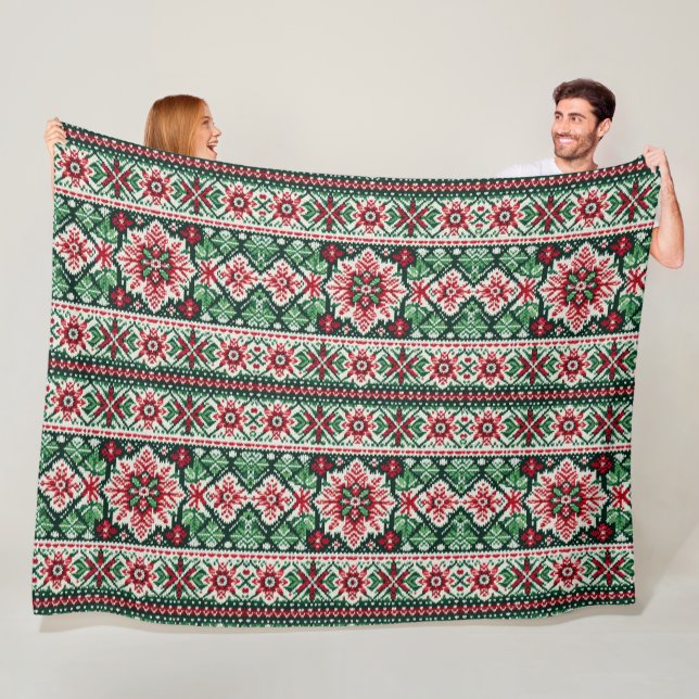 Christmas/Winter fair isle red & green Fleece Blanket (In Situ)