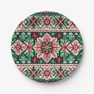 Christmas/Winter fair isle red & green Paper Plate