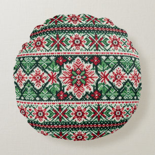 Christmas/Winter fair isle red & green Round Cushion