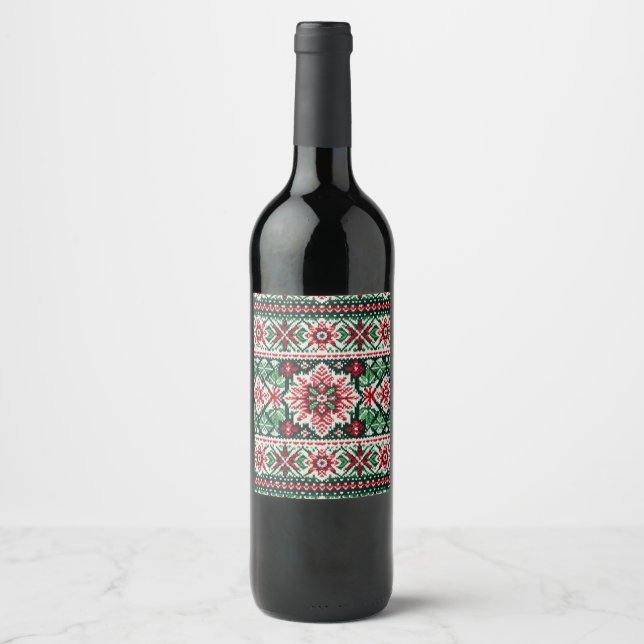 Christmas/Winter fair isle red & green Wine Label (Front)