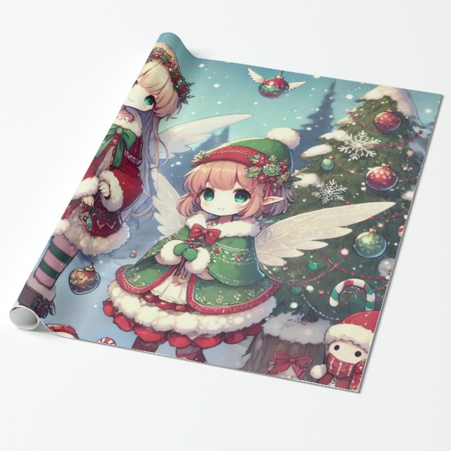 Christmas Winter Fairies Wrapping Paper (Unrolled)